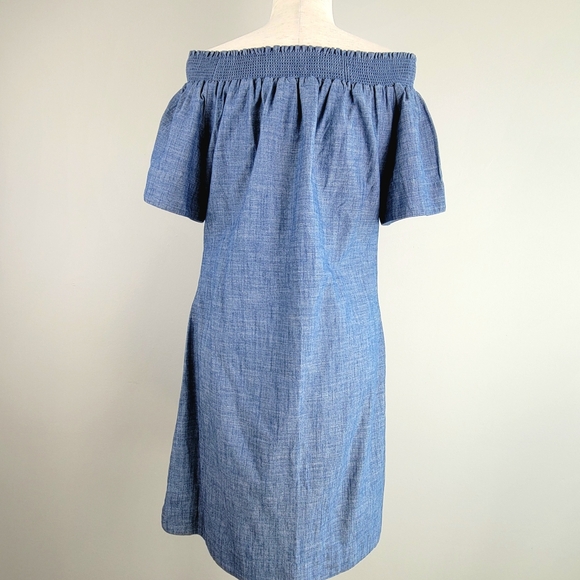 J Crew Off Shoulder Smocked Chambray Denim Dress SZ 8 - Picture 10 of 15